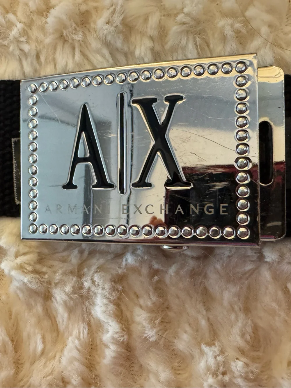 Armani Exchange Black Web Belt with Polished Silver AX Buckle
